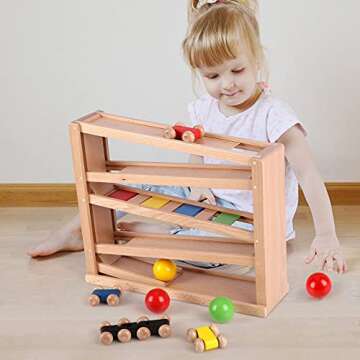 Qilay Wooden Race Track Car Ramp Racer Toy for Toddlers, 5 Level Race Car Ramp Toy Set Includes 4 Wood Cars and 3 Balls,Great Building Learning Toys or 3+ Years Old Boy and Girl