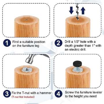 1/4" Thread Furniture Feet Levelers, 12 PCS Adjustable Furniture Feet Threaded Screw in, Leveling Feet Screw On Furniture Glide Leveling for Table, Cabinets, Chairs, Stool Legs