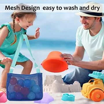 UTTPLL Colorful Mesh Beach Bag Adjustable Kids Quick Dry Net Tote for Seashell Collecting Beach Sand Toy Totes Swimming Accessories for Boys and Girls Navy Blue&Lake Blue
