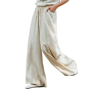 IXIMO Women's Cotton Linen Wide Leg Pants Casual Drawstring Lounge Palazzo Loose Trousers