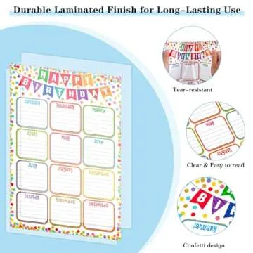 FaCraft Birthday Chart for Classroom - Confetti Birthday Poster Reusable Birthday Calendar Laminated Classroom Birthday Chart Classroom Bulletin Board Decorations Back to School Supplies