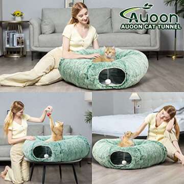 AUOON Cat Tunnel Bed with Central Mat,Big Tube Playground Toys,Soft Plush Material,Full Moon Shape for Kitten,Cat,Puppy,Rabbit,Ferret (Creen)