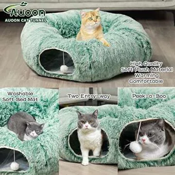 AUOON Cat Tunnel Bed with Central Mat,Big Tube Playground Toys,Soft Plush Material,Full Moon Shape for Kitten,Cat,Puppy,Rabbit,Ferret (Creen)