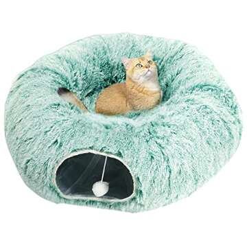 AUOON Cat Tunnel Bed with Central Mat,Big Tube Playground Toys,Soft Plush Material,Full Moon Shape for Kitten,Cat,Puppy,Rabbit,Ferret (Creen)
