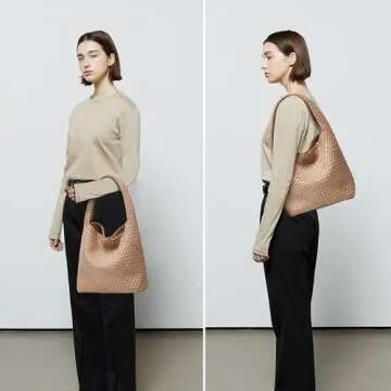 Woven Bags for Women Tote Purse: Vegan Leather Shoulder Handbags - Medium Beach Tote Bags - Handwove...