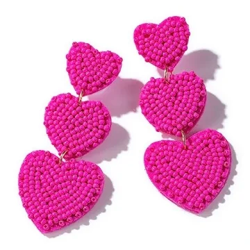 Beaded Heart Shaped Earrings - Handmade Statement Heart Dangle Earrings Gift for Valentine's Day and...