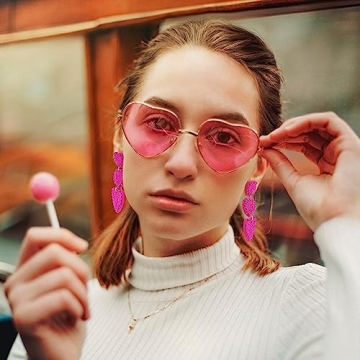 Beaded Heart Shaped Earrings - Handmade Statement Heart Dangle Earrings Gift for Valentine's Day and Mother's Day (HOT PINK - TRIPLE HEARTS)