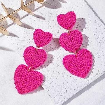Beaded Heart Shaped Earrings - Handmade Statement Heart Dangle Earrings Gift for Valentine's Day and Mother's Day (HOT PINK - TRIPLE HEARTS)