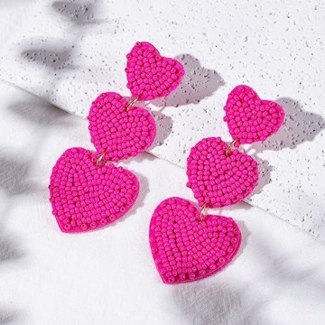Beaded Heart Shaped Earrings - Handmade Statement Heart Dangle Earrings Gift for Valentine's Day and Mother's Day (HOT PINK - TRIPLE HEARTS)