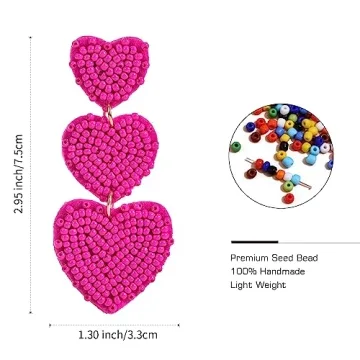 Beaded Heart Shaped Earrings - Handmade Statement Heart Dangle Earrings Gift for Valentine's Day and Mother's Day (HOT PINK - TRIPLE HEARTS)