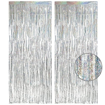 Silver Foil Fringe Tinsel Backdrop - GREATRIL Metallic Tinsel Streamers Curtains for 2025 NYE/Prom/D...