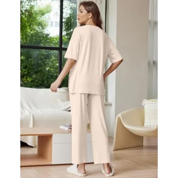 Ekouaer Lounge Sets for Women Short Sleeve Tops and Long Pants Soft Comfy Pajamas Set 2 Piece Outfits,Beige,L