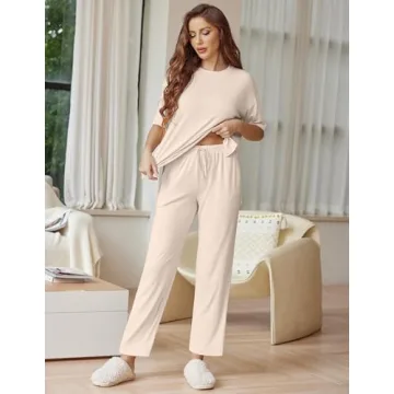 Ekouaer Lounge Sets for Women Short Sleeve Tops and Long Pants Soft Comfy Pajamas Set 2 Piece Outfits,Beige,L