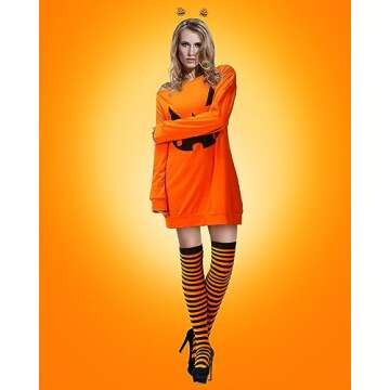 Suhine 3 Pcs Pumpkin Halloween Costume Accessories Women Ghost Off Shoulder Shirt Striped Socks Headband Cosplay (Pumpkin,Medium)