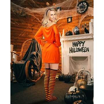 Suhine 3 Pcs Pumpkin Halloween Costume Accessories Women Ghost Off Shoulder Shirt Striped Socks Headband Cosplay (Pumpkin,Medium)