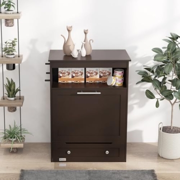 PawHut Pet Feeder Station Storage Cabinet, Dog Food Storage Container with Dog Raised Bowls and Hanger for Feeding & Watering Supplies, Brown