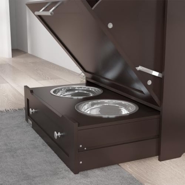 PawHut Pet Feeder Station Storage Cabinet, Dog Food Storage Container with Dog Raised Bowls and Hanger for Feeding & Watering Supplies, Brown