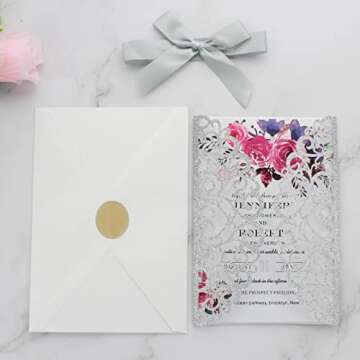 Mabbcoo 50Pcs Silver Glitter Wedding Invitations With Envelopes and RSVP Cards and Silver Ribbon Las...