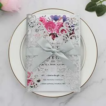 Mabbcoo 50Pcs Silver Glitter Wedding Invitations With Envelopes and RSVP Cards and Silver Ribbon Laser Cut Invitation Kits For Wedding Bridal Shower Quinceanera Invite