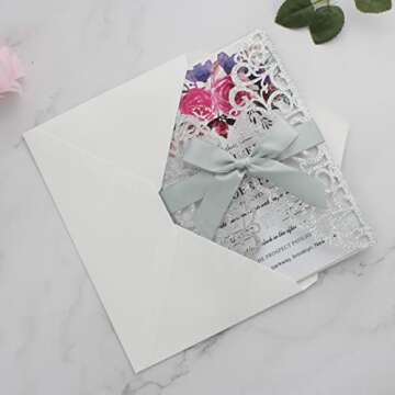 Mabbcoo 50Pcs Silver Glitter Wedding Invitations With Envelopes and RSVP Cards and Silver Ribbon Laser Cut Invitation Kits For Wedding Bridal Shower Quinceanera Invite