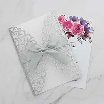 Mabbcoo 50Pcs Silver Glitter Wedding Invitations With Envelopes and RSVP Cards and Silver Ribbon Laser Cut Invitation Kits For Wedding Bridal Shower Quinceanera Invite