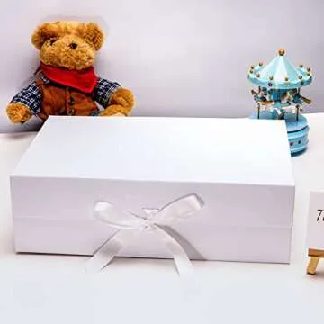 WRAPAHOLIC 2Pcs White Gift Box with Satin Ribbon, 13.8x7.9x4.7 Inches Collapsible Gift Box with Magnetic Closure for Party, Wedding, Gift Wrap, Bridesmaid Proposal, Storage