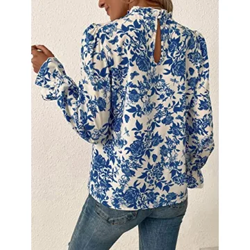 Floerns Women's Floral Print Ruffle Trim Long Sleeve Mock Neck Blouse Top Blue and White L