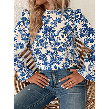 Floerns Women's Floral Print Ruffle Trim Long Sleeve Mock Neck Blouse Top Blue and White L
