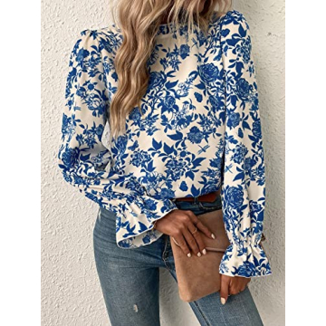Floerns Women's Floral Print Ruffle Trim Long Sleeve Mock Neck Blouse Top Blue and White L