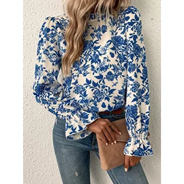 Floerns Women's Floral Print Ruffle Trim Long Sleeve Mock Neck Blouse Top Blue and White L