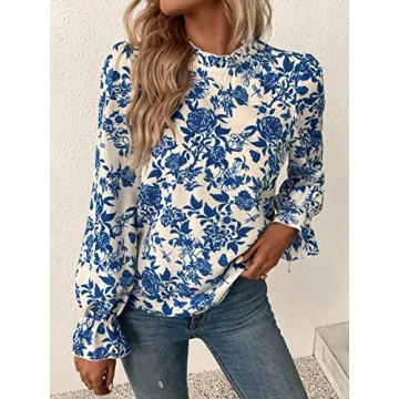 Floerns Women's Floral Print Ruffle Trim Long Sleeve Mock Neck Blouse Top Blue and White L