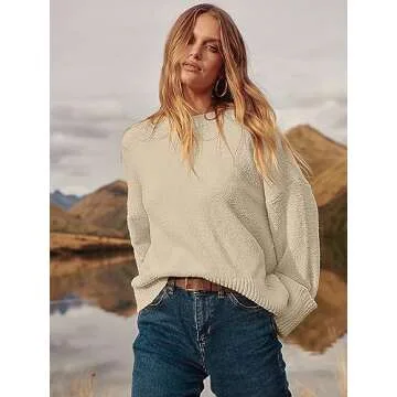 LOGENE Women's Oversized Sweater Crewneck Long Sleeve Soft Fuzzy Knit Pullover Sweaters 2024 Winter Fashion Warm Tops Clothes Light Beige X-Large