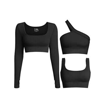 OQQ Women's 3 Piece Crop Top Ribbed Long Sleeve Workout One Shoulder Yoga Exercise Sports Bra, Black, Medium