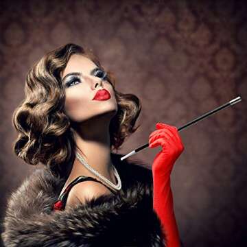 Pangda 1920s Costume Accessories Set - Red Satin Gloves, Stick & Pearl Necklace