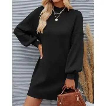 ZESICA Women's Spring Turtleneck Sweaters Dress Oversized Long Lantern Sleeve Casual Knit Pullover Short Dresses,Black,Medium
