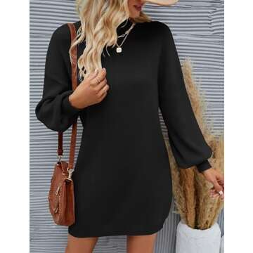 ZESICA Women's Spring Turtleneck Sweaters Dress Oversized Long Lantern Sleeve Casual Knit Pullover Short Dresses,Black,Medium