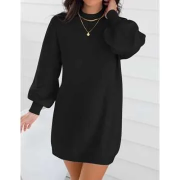 ZESICA Women's Spring Turtleneck Sweaters Dress Oversized Long Lantern Sleeve Casual Knit Pullover Short Dresses,Black,Medium
