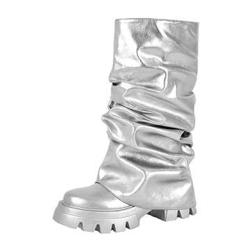 MissHeel Silver Platform Boots for Women Metallic Slouch Boots Foldover Mid Calf Combat Boots Size 9