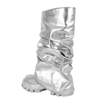 MissHeel Silver Platform Boots for Women Metallic Slouch Boots Foldover Mid Calf Combat Boots Size 9