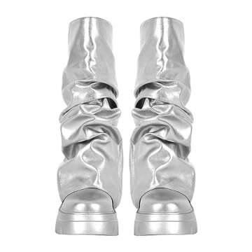 MissHeel Silver Platform Boots for Women Metallic Slouch Boots Foldover Mid Calf Combat Boots Size 9