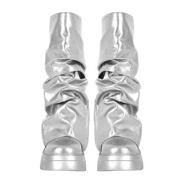 MissHeel Silver Platform Boots for Women Metallic Slouch Boots Foldover Mid Calf Combat Boots Size 9