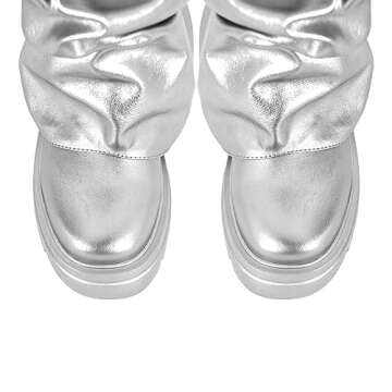 MissHeel Silver Platform Boots for Women Metallic Slouch Boots Foldover Mid Calf Combat Boots Size 9
