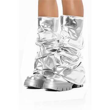 MissHeel Silver Platform Boots for Women Metallic Slouch Boots Foldover Mid Calf Combat Boots Size 9