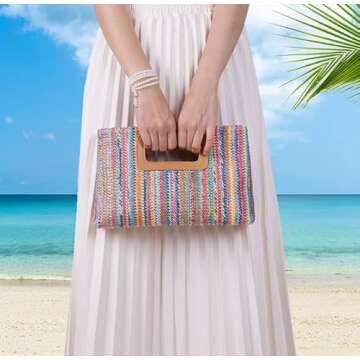 Chic Straw Purse Top Handle Clutch Bag for Summer Events