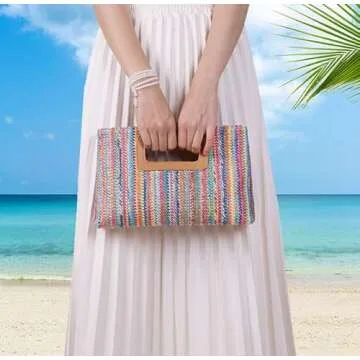Chic Straw Purse Top Handle Clutch Bag for Summer Events