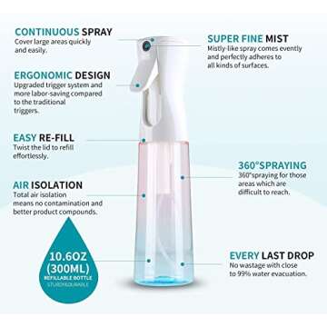Continuous Hair Plant Mister Spray Bottle, Fine Empty Small Mist Spray Bottles, Water Alcohol Cleani...