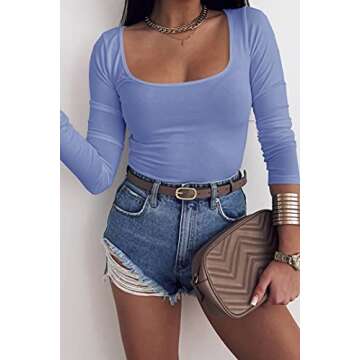 Jeanewpole1 Womens Square Neck Long Sleeve T-Shirt Basic Slim Fitted Solid Tops