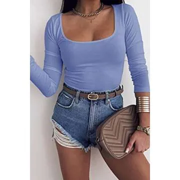 Jeanewpole1 Womens Square Neck Long Sleeve T-Shirt Basic Slim Fitted Solid Tops