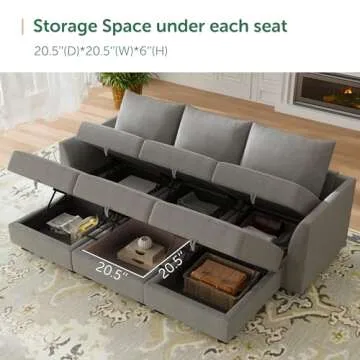 HONBAY Modular Sectional Sleeper Sofa with Storage 6 Piece Modular Sectional Couch Reversible Sleeper Sectional Couch for Living Room, Grey