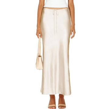 Skrtimory Womens Satin Silk Maxi Skirts Drawstring Flared Casual A-Line Long Skirt for Women Cream